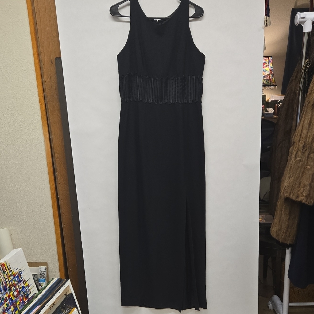 Vintage 70s Rimini Black Maxi Dress Mesh Midrif Side Slit